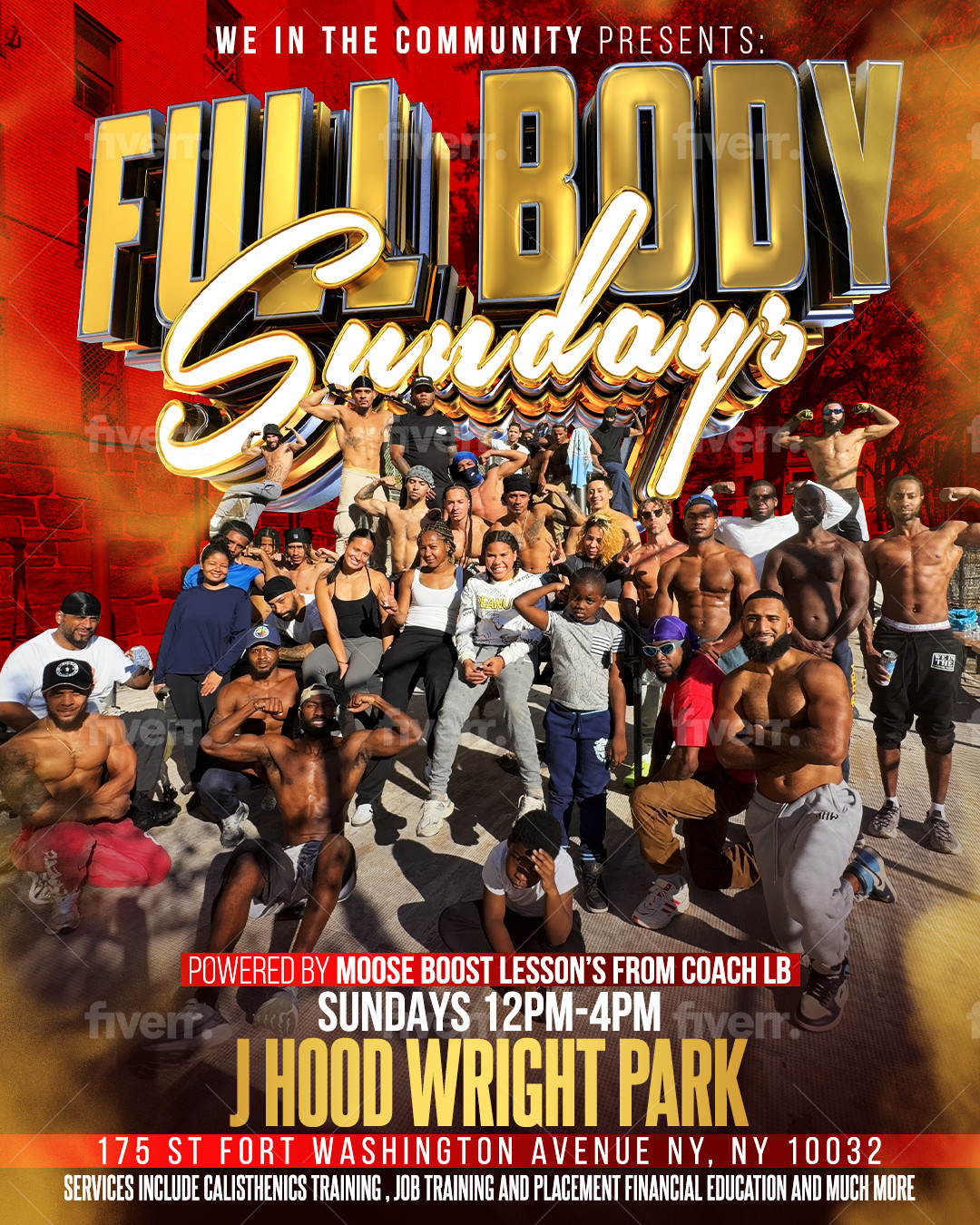 Full Body Sundays flyer — Sundays 12PM to 4PM at J Hood Wright Park, 175 St Fort Washington Avenue, New York, NY 10032. Free and open to all.