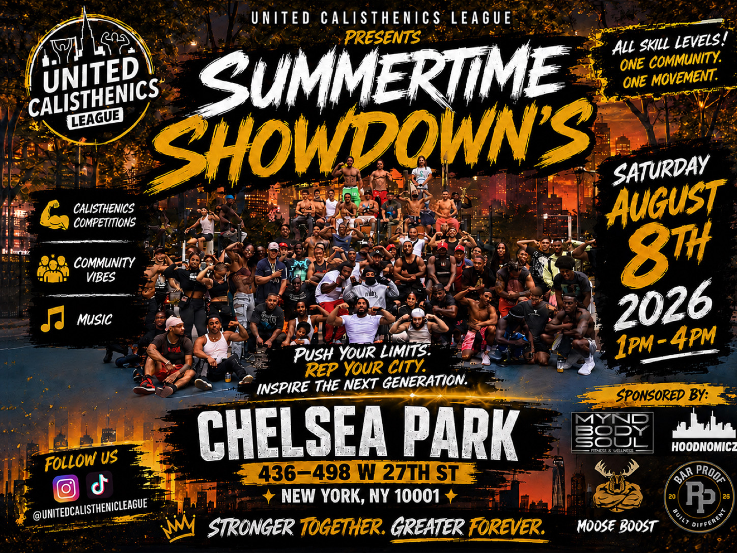 United Calisthenics League presents Summertime Showdown's. Saturday August 8th 2026, 1PM to 4PM at Chelsea Park, 436-498 W 27th St, New York, NY 10001. Calisthenics competitions, community vibes, music. All skill levels.