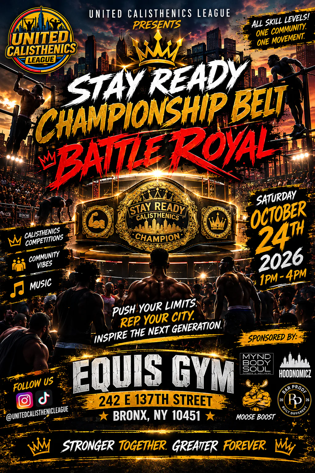 United Calisthenics League presents Stay Ready Championship Belt Battle Royal. Saturday October 24th 2026, 1PM to 4PM at Equis Gym, 242 E 137th Street, Bronx, NY 10451. Calisthenics competitions, community vibes, music. All skill levels.